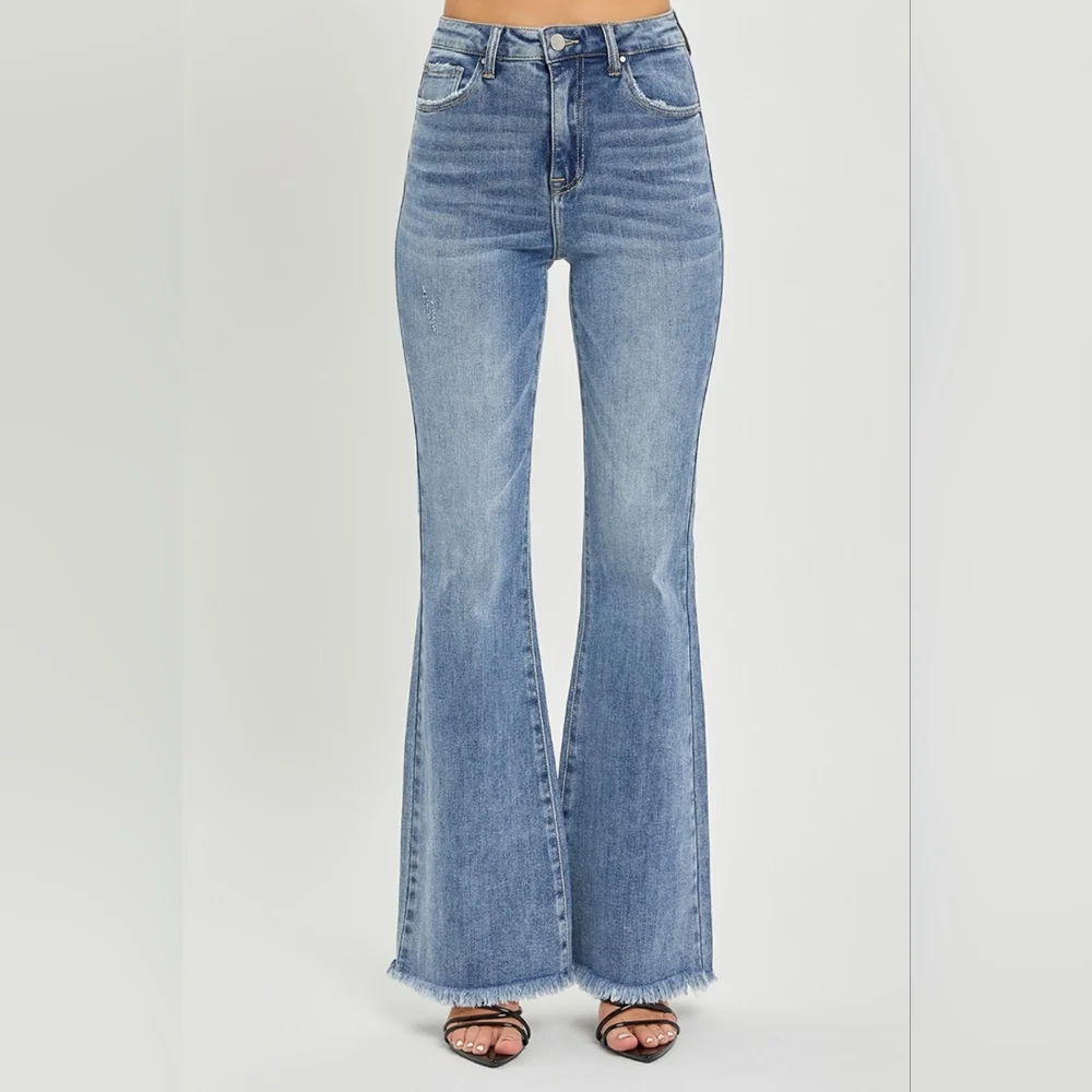 RISEN Tummy Control High-Rise Slim Fit Pants Frayed Flare Hem Retro Denim Jeans - Picture 3 of 15
